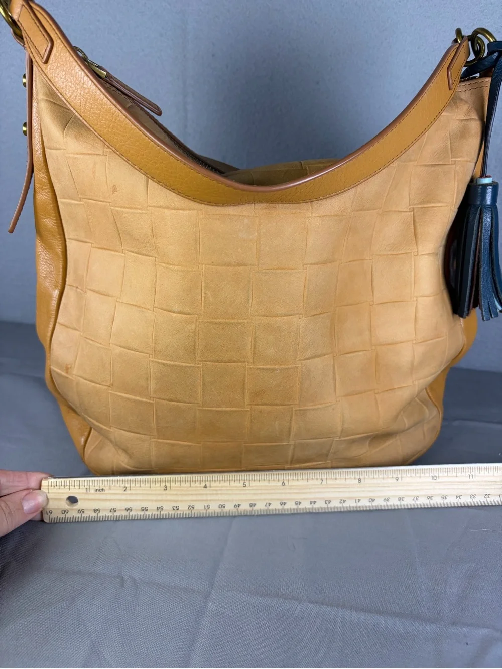 Fossil Jolie Woven Leather Hobo with Navy Tassel Accent